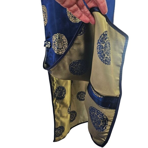 Kevin T Chinese Silk Qipao Top + Long Skirt Set S/M Thigh High Slits Blue Gold - Picture 6 of 10